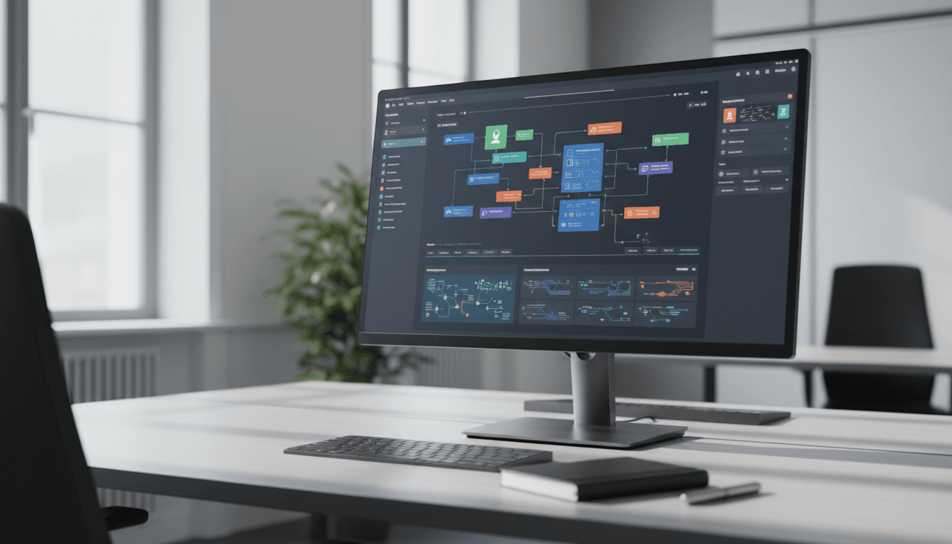 Computer screen displaying AI workflow automation dashboards in a modern office workspace